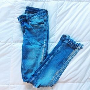 Zara metallic frayed ripped knee skinny jeans